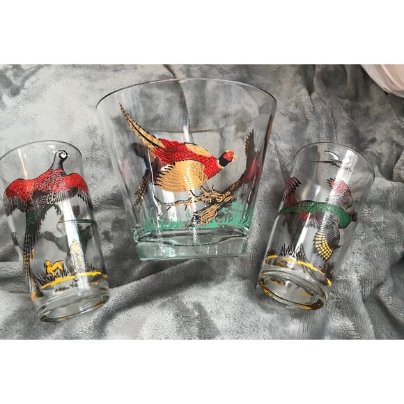 Vtg Hazel Atlas Pheasant Ice Bucket Snack Bowl Pair of Drinking Glasses Barware - Picture 1 of 7